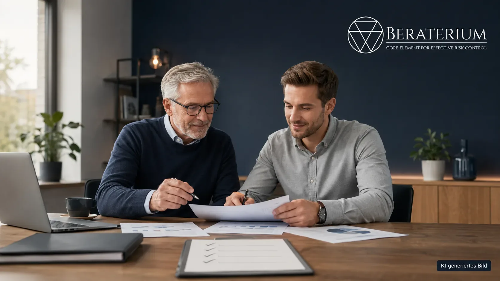 Two generations at a conference table with handover checklist and business documents during succession planning