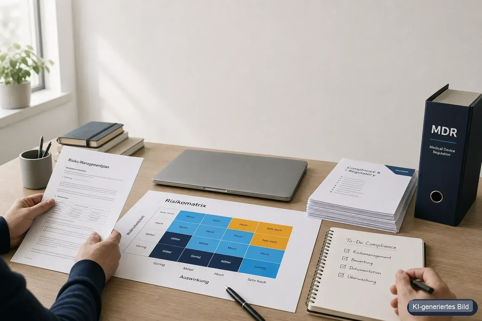 Founder desk with risk matrix and compliance documents symbolising founder risk management in MedTech