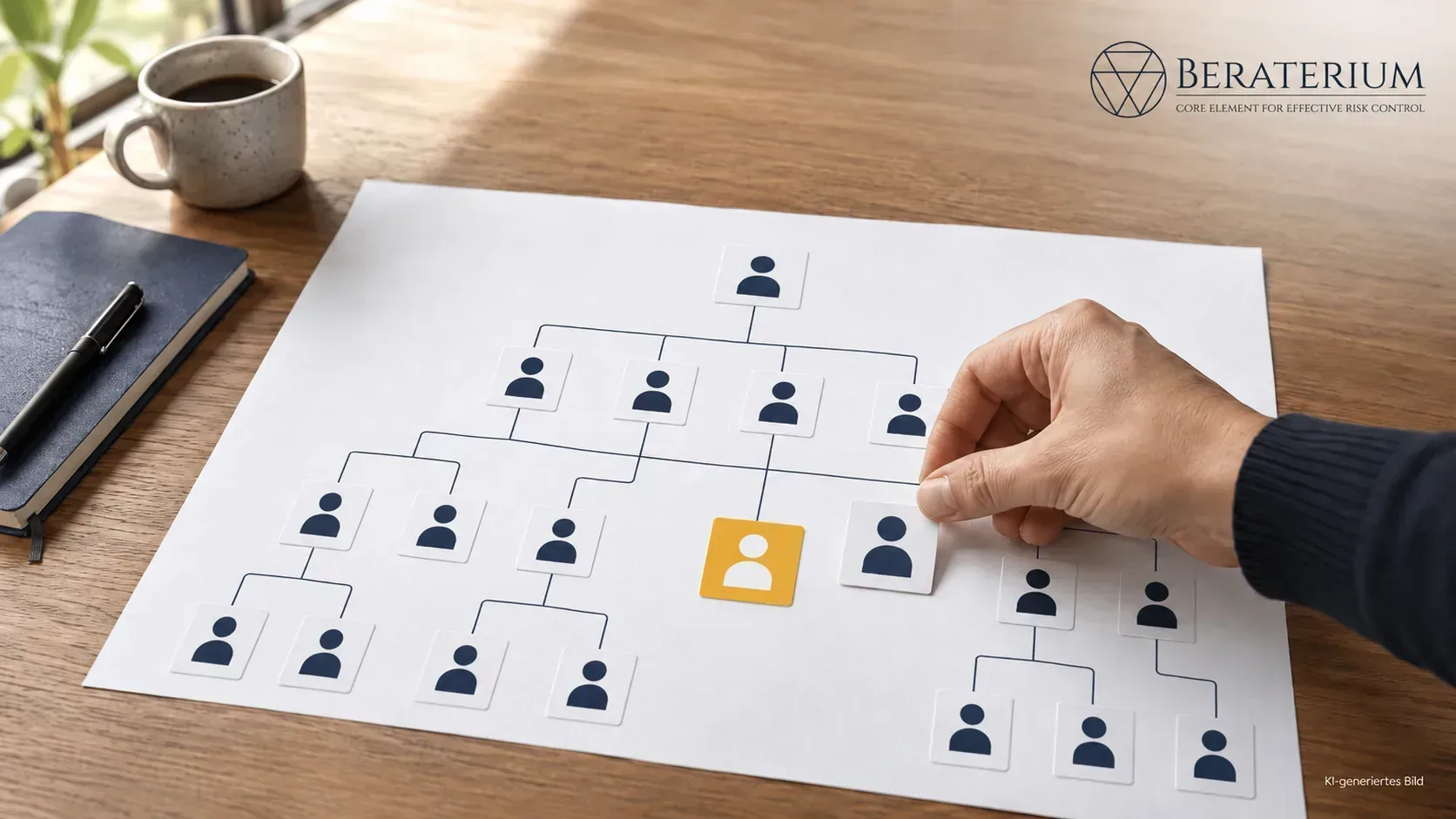 Org chart on a table with one key person highlighted where all connections converge