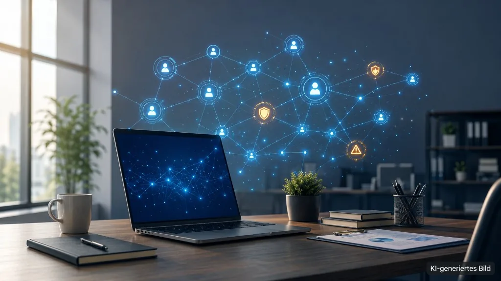 Abstract digital agent network beside a calm SME office desk symbolising AI business risk and opportunity