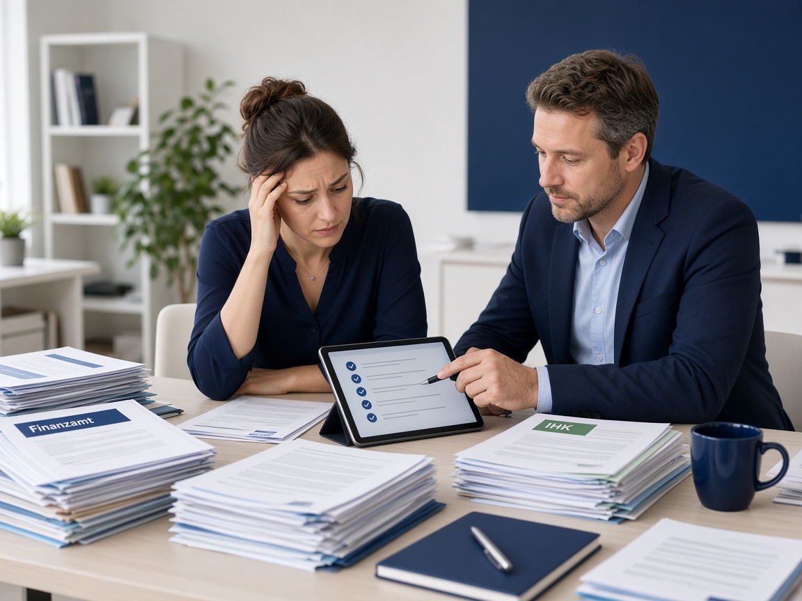 Advisor and business owner reviewing tax office, chamber, and compliance documents
