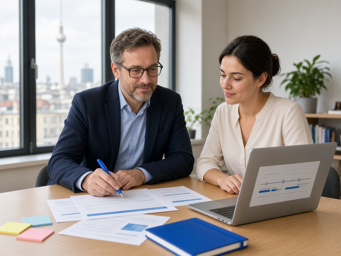 Advisor and founder reviewing documents for starting a business in Germany
